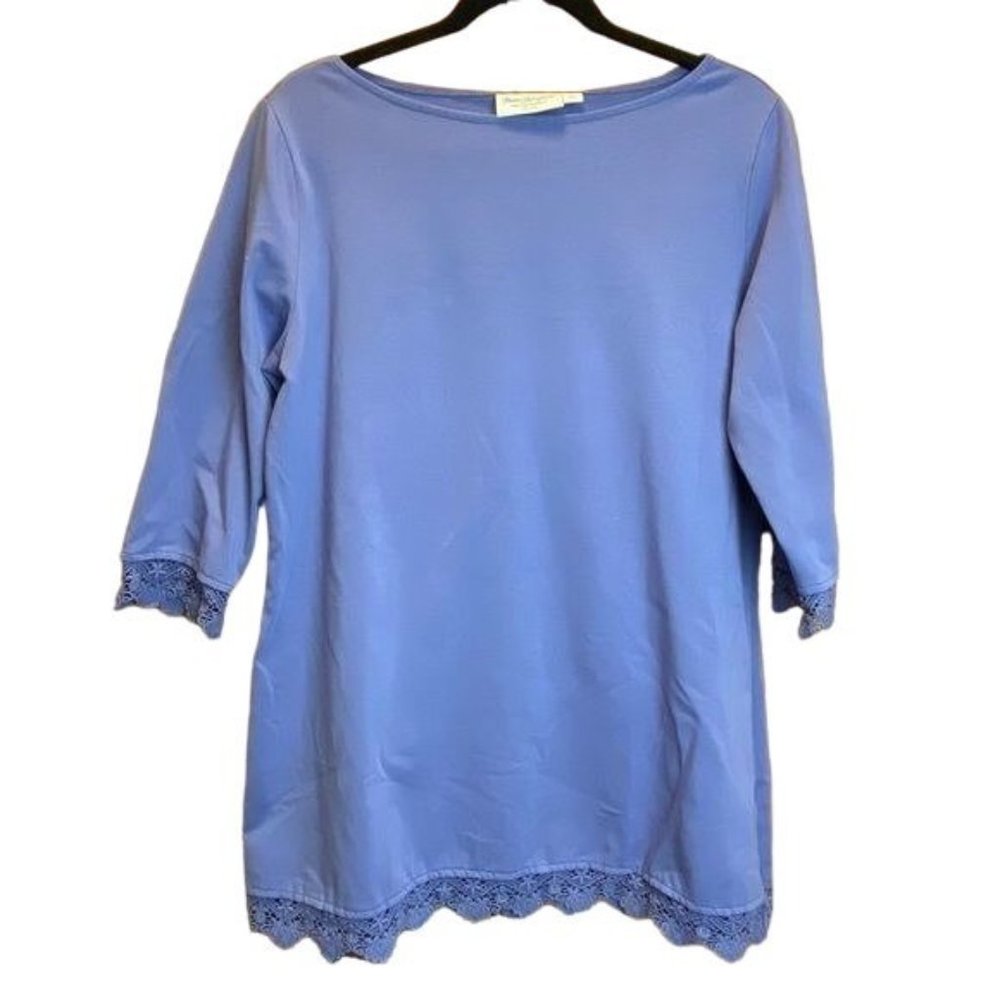 Norm Thompson Purple 3/4 Sleeve Lace Trim Crew Neck Top Size L